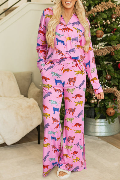 Women's Pink Cheetah Print Pajama Set - Trendy Sleepwear Top & Pants for Cozy Lounging and Relaxation