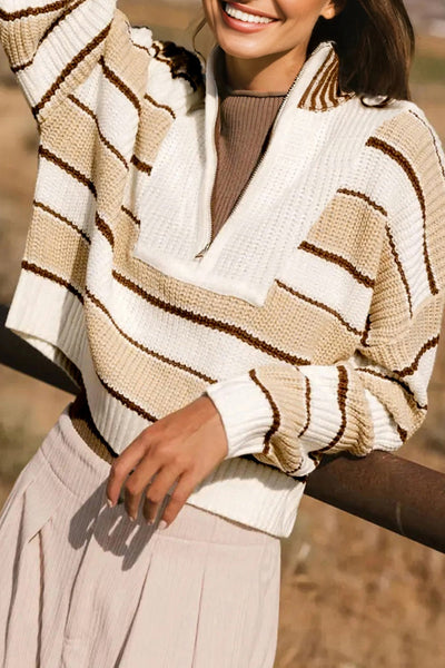Women's Khaki Stripe Half-Zip Sweater with Drop Shoulder