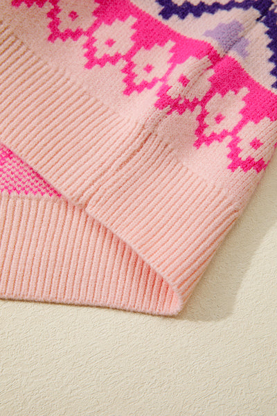 Cozy Women's Multicolor Ethnic Christmas Sweater with Feather Cuffs - Perfect for Stylish Holiday Festivities