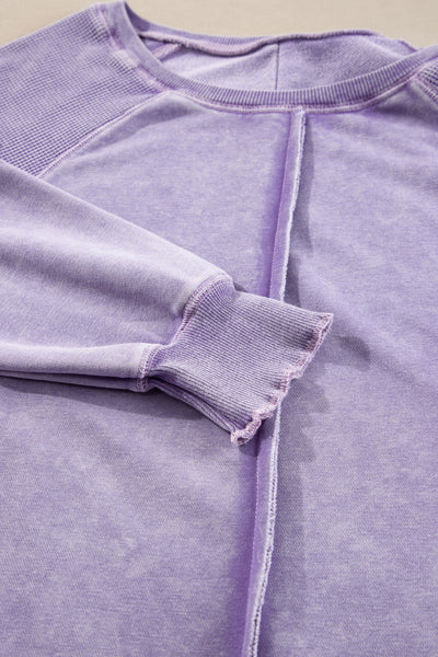 Women's Cozy Orchid Petal Waffle Knit Patchwork Raglan Sweatshirt - Casual Chic Top for Effortless Everyday Style