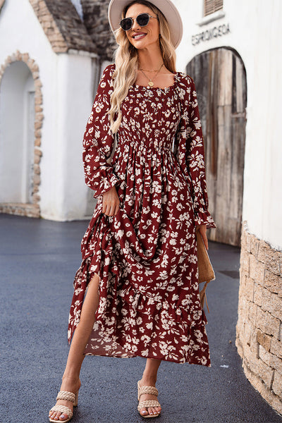 Women's Red Floral Smocked Maxi Dress with Square Neck