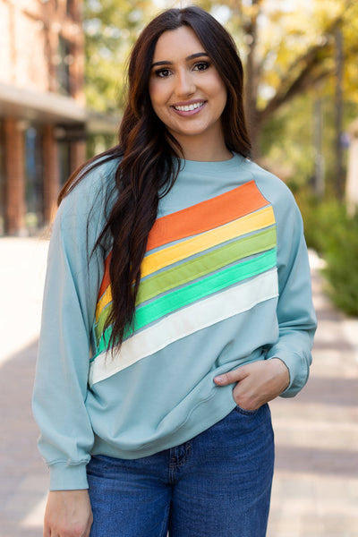 Cozy Women's Beau Blue Rainbow Colorblock Striped Pullover Sweatshirt for Casual Chic Style and Comfort