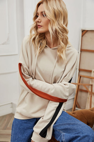 Stylish Women's Parchment Contrast Patchwork Hoodie with Knot Detail & Drawstring, Perfect for Everyday Comfort