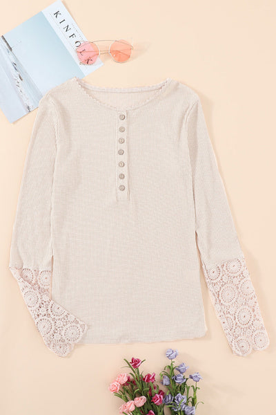 Chic Women's Beige Crochet Lace Hem Short Sleeve Button-Up Top for Effortless Casual Style