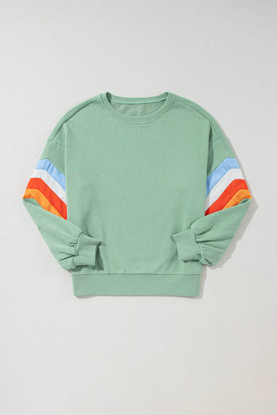 Cozy Women's Moonlight Jade Loose Fit Crew Neck Sweatshirt with Rainbow Stripes - Perfect for Everyday Casual Style