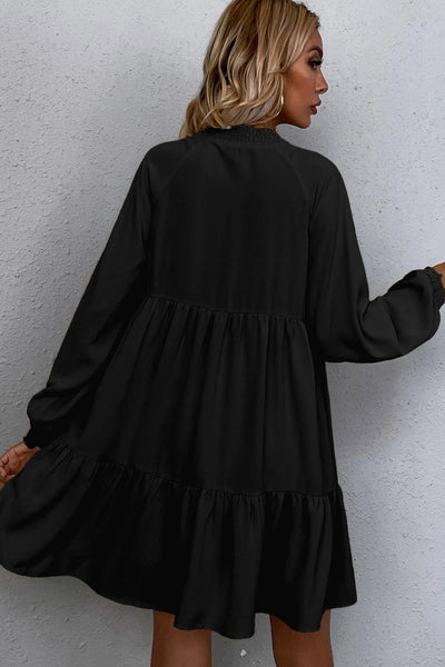 Chic Women's Black Tie Puff Sleeve Dress with Ruffle Hem & Smocked Detail for Effortless Elegance and Comfort