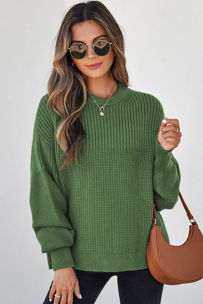 Women's Vineyard Green Mixed-Texture Knit Crewneck Sweater
