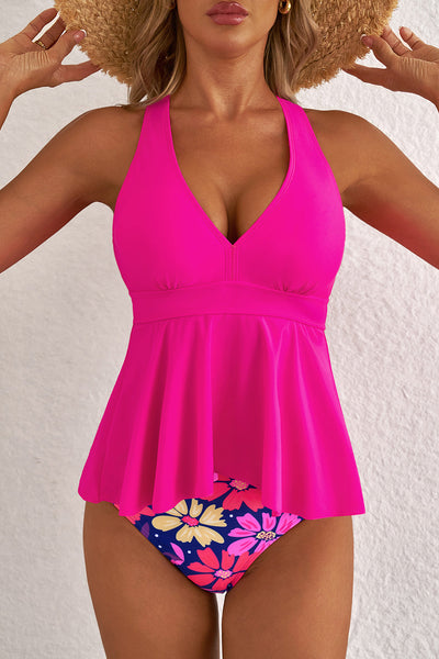 Women's Pink Floral Ruffled Hem Tankini Set - Stylish V-Neck Swimwear with Comfortable Fit for Summer Fun