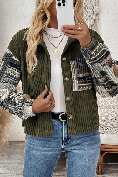 Women's Cozy Jungle Green Ribbed Fleece Plaid Jacket - Effortless Layering with Stylish Patchwork Design