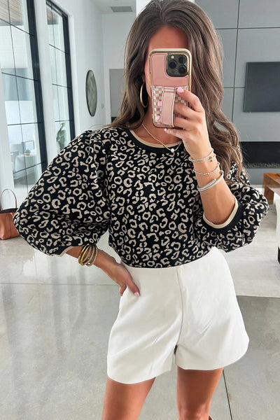 Chic Women's Black Leopard Print Blouse with 3/4 Puff Sleeves and Contrast Trim - Stylish Versatile Top for Any Occasion