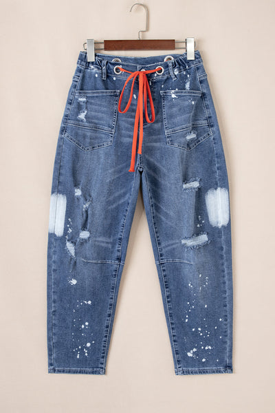 Women's Ashleigh Blue Ripped Cropped Straight Jeans with Splatter Paint and Rope Waist for a Trendy Casual Look
