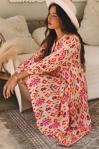 Stylish Women's Orange Geometric Print Maxi Dress - Flattering Western-Inspired Summer Outfit for Effortless Elegance
