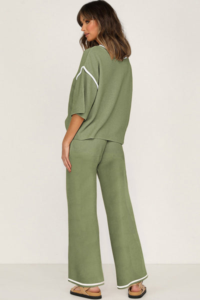 Women's Guacamole Green Knit Wide-Leg Two-Piece Lounge Set