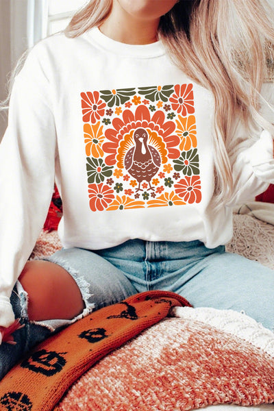 Women's Retro Turkey Floral Graphic Sweatshirt - Relaxed Fall Fit