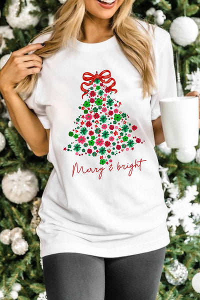 Women's Floral Christmas Tree Graphic Tee in Soft Cotton Blend