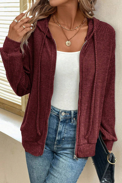 Women's Red Dahlia Ribbed Zip-Up Hoodie with Drawstring - Stylish and Comfortable Casual Wear for Everyday Fashion