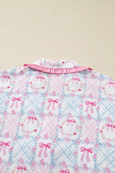 Cozy Women's Pink Holiday Pajama Set with Bow Wreath Pattern Long Sleeve Tied Front 2-Piece Christmas Sleepwear