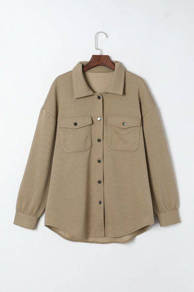 Women's Khaki Textured Shacket with Flap Pockets - Trendy Layering Jacket for Casual Chic Style