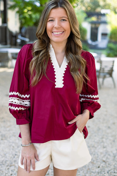 Elegant Women's Red Puff Sleeve Blouse with V-Neck and Ricrac Trim Chic Contrast Top for Effortless Style
