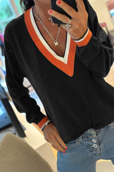 Stylish Women's Black V-Neck Varsity Sweater with Contrast Striped Trim - Cozy Fit for Casual Outings and Everyday Wear