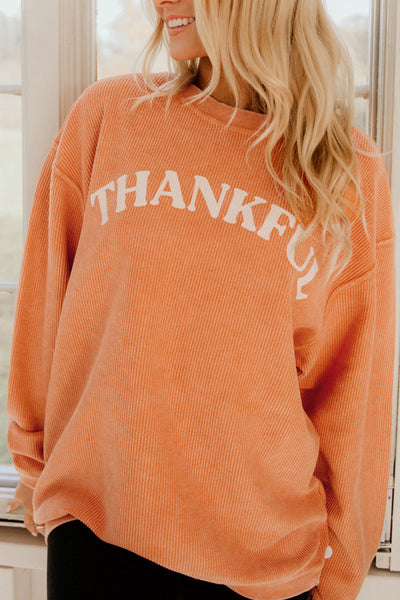 Women's Orange Corded \"Thankful\" Graphic Sweatshirt