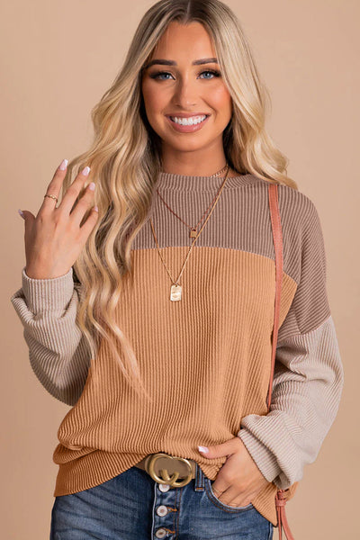 Stylish Women's Khaki Color Block Ribbed Long Sleeve Top - Relaxed Fit for Effortless Comfort and Trendy Looks