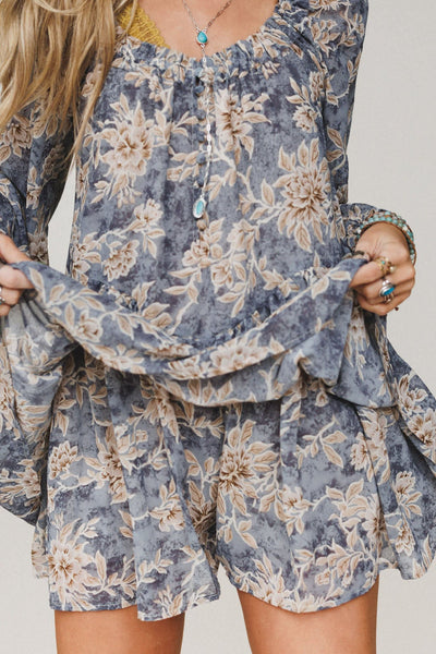 Women's Dusty Blue Floral Ruffle Romper with Long Bishop Sleeves