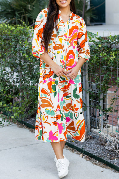 Boho Chic Women's Orange Floral Split V-Neck Tiered Maxi Dress for Effortless Summer Elegance and Comfort