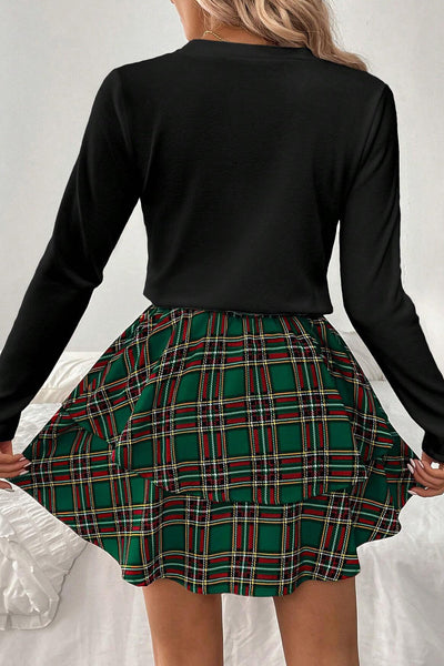 Women's Green Long Sleeve Tee with Plaid Bow & Ruffle Mini Skirt 2-Piece Set - Chic Casual Outfit for Everyday Wear