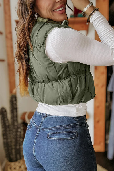 Women's Laurel Green Plaid Puffer Vest - Stylish Zip-Up Outerwear for Cozy Fall and Winter Fashion