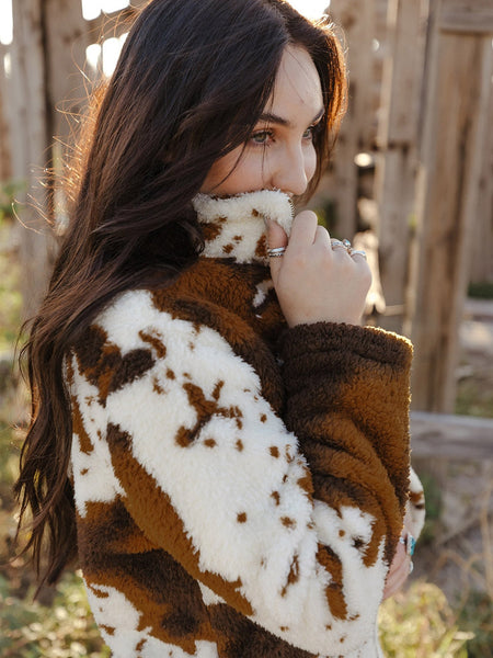 Women's Cow Print Zip Collar Fleece Sweatshirt