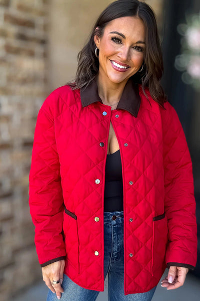 Cozy Women's Racing Red Quilted Color Block Winter Jacket with Snap Buttons and Pockets for Effortless Style