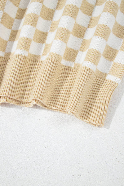 Cozy Women's Apricot Checkered V-Neck Sweater with Button Details & Drop Shoulder for Effortless Style