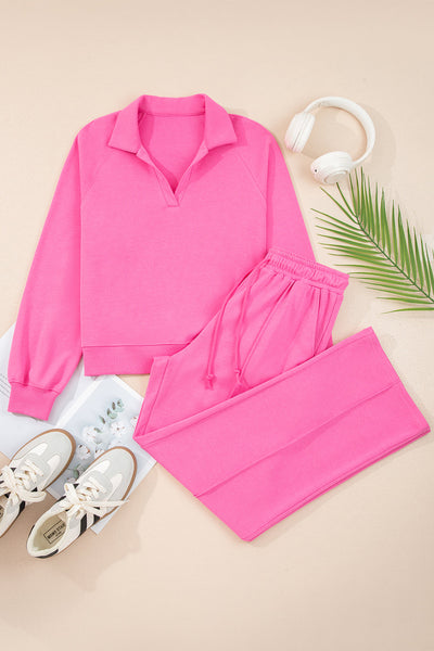 Women's V-Neck Polo Sweatpant Set in Sachet Pink Cotton Blend