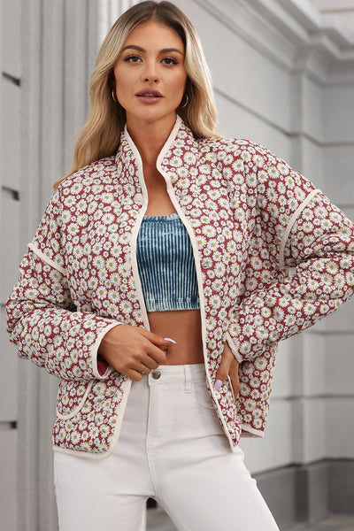 Women's Pink Floral Print Jacket with Contrast Edges, Stand Neck, and Pockets - Stylish & Functional Outerwear