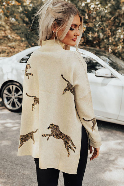 Trendy Women's Parchment Cheetah Print High Neck Sweater with Split Hem - Stylish Casual Knit for Everyday Wear