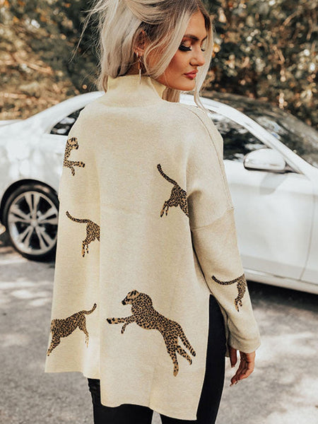 Vibrant Cheetah Print High Neck Split Hem Sweater