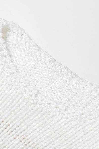 White Oversized Striped Knit Sweater with Puff Sleeves