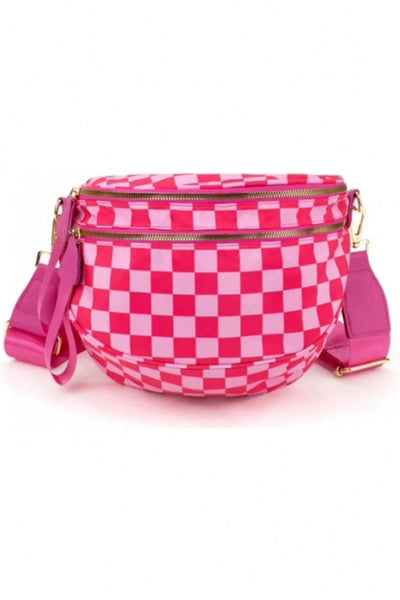 Women's Checkered Pink Crescent Crossbody Bag with Wide Adjustable Strap
