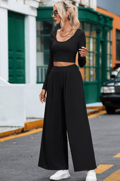 Stylish Women's Black Ribbed Crop Top and High-Waisted Pants Set - Cozy, Trendy Outfit for Everyday Fashion