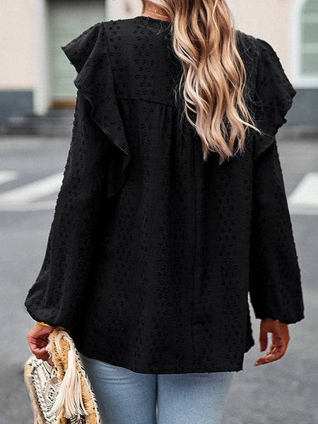 Elegant Black Lace Eyelet Ruffle Sleeve Blouse for Fall