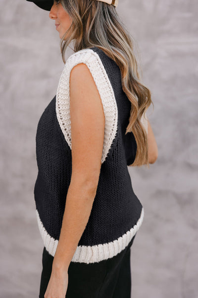 Women's Stylish Navy Blue Woven Sweater Vest with Horseshoe Trim - Comfortable Layering Essential for Every Wardrobe