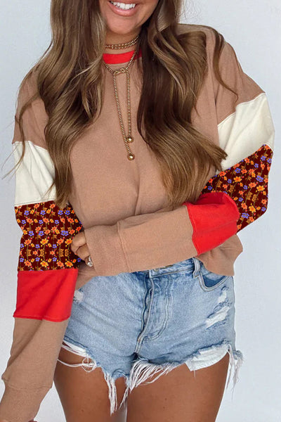Women's Smoke Gray Floral Patchwork Drop Shoulder Sweatshirt - Trendy Casual Layer for Effortless Everyday Style