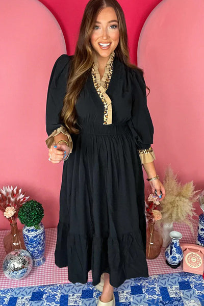 Elegant Women's Black Flowy Midi Dress with V-Neck, 3/4 Ruffled Sleeves, and Frilled Trim for Effortless Chic Style