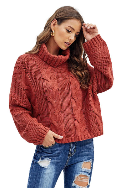 Cozy Women's Fiery Red Handmade Cable Knit Turtleneck Sweater Stylish Warmth for Cuddle Weather Comfort