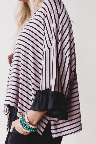 Stylish Black Striped 2-Piece Women's Set: Relaxed Drop Shoulder Top with Ruffled Sleeves & Comfy Drawstring Pants