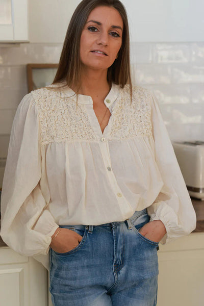 Stylish Beige Floaty Blouse for Women - Smocked Chest, Elastic Cuffs, Loose Fit for Ultimate Comfort