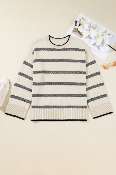 Cozy Plus Size Apricot Stripe Sweater for Women Stylish Crew Neck with Wide Sleeves & Drop Shoulders