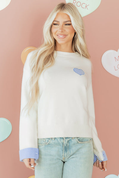 Women's Plaid Heart Embroidered Cuffed Crew Neck Sweater