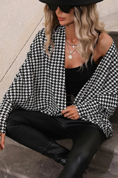 Chic Women's Black Houndstooth Dolman Kimono - Effortlessly Elegant Open Front Layer for Stylish Outfits